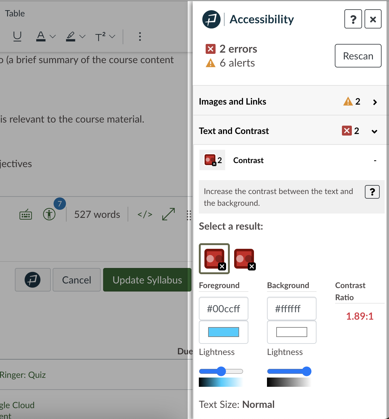 Pope Tech Accessibility Guide shows a contrast error with text explaining how to fix it and sliders to change the colors right in the Guide.