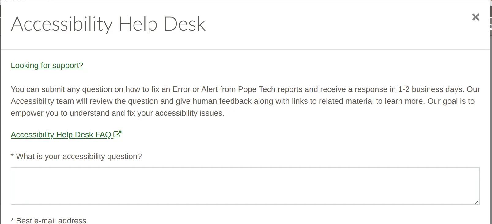 Screenshot of Accessibility help desk form